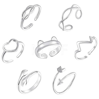 7Pcs 7 Style Heart & Cat & Wave & Arrow & Hug Hand & Knot Brass Open Cuff Rings for Women JR917A-1