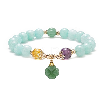 Gemstone Round Beaded Stretch Bracelet with Glass Clover Charms for Women BJEW-JB09091-1