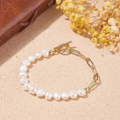 Natural Pearl Beaded Bracelet with Brass Paperclip Chains for Women BJEW-JB07920-01-1