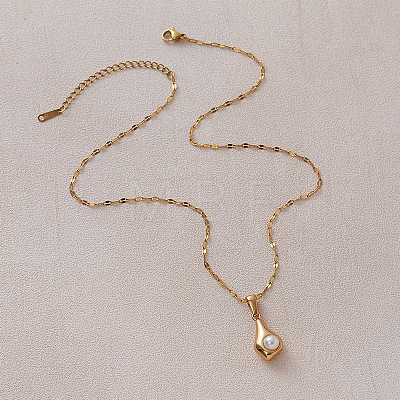 Vintage European 304 Stainless Steel and Imitation Pearl Teardrop Pendant Necklaces ZN0215-1