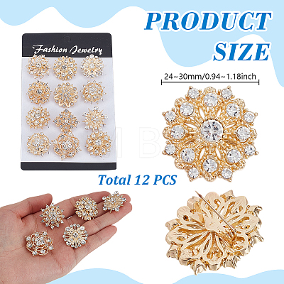 12Pcs Flower Alloy Rhinestone Brooches for Clothes JEWB-WH0020-073G-1