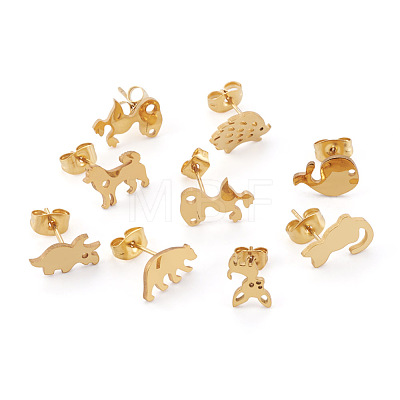 16 Pairs 16 Style Crocodiles & Dog & Swan & Hedgehog & Dinosaur & Bird 304 Stainless Steel Stud Earrings EJEW-CF0001-02G-1