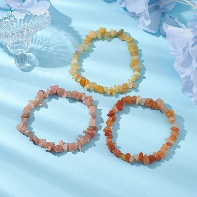 3Pcs Natural Red Aventurine & Natural Sunstone & Natural Topaz Jade Chip Beaded Stretch Bracelet Sets BJEW-JB10867-1