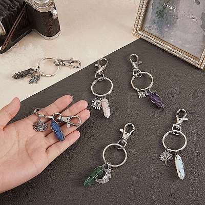 6Pcs 6 Style Natural & Synthetic Gemstone Copper Wire Wrapped Keychains KEYC-SZ0001-13-1