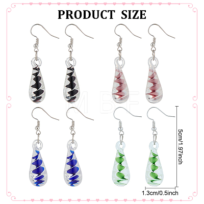 4 Pairs 4 Colors Glass Teardrop with Spiral Pattern Dangle Earring EJEW-FI0001-07-1