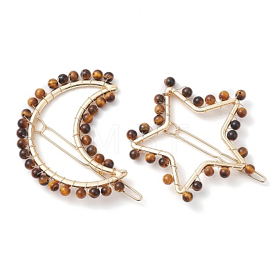 2Pcs Moon & Star Alloy with Natural Tiger Eye Hollow Hair Barrettes PHAR-JH00105-04-1