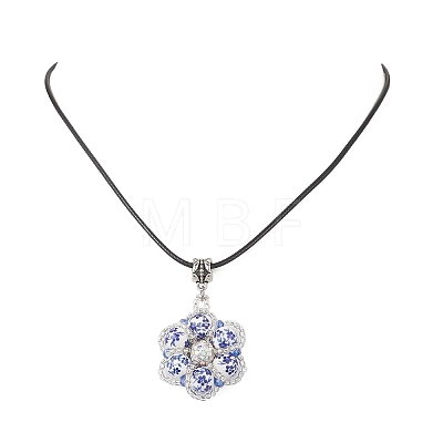 Handmade Blue and White Porcelain & Glass Seed Beaded Flower Pendant Waxed Cotton Cord Necklaces NJEW-MZ00141-1