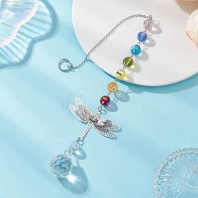 Chakra Glass Beads & Brass Dragonfly Hanging Suncatchers HJEW-JM04684-1