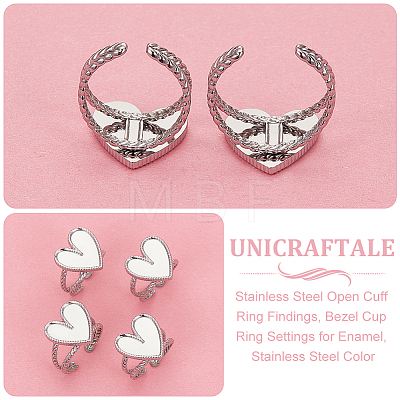 Unicraftale 6Pcs Heart 304 Stainless Steel Open Cuff Ring Findings STAS-UN0055-84-1