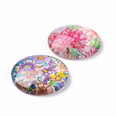 Half Round/Dome Floral Printed Glass Cabochons X-GGLA-A002-25mm-UU-1