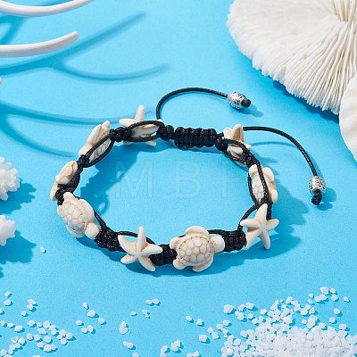 Synthetic Turquoise Starfish & Turtle Braided Bead Bracelet X-BJEW-TA00388-02-1