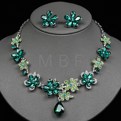 Flower & Teardrop Alloy Glass Stud Earring & Pendant Necklaces Sets for Women FS-WG5A09D-02-1