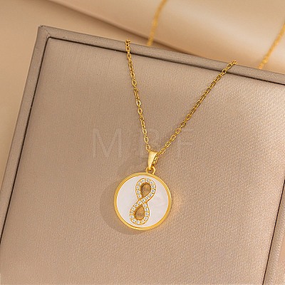 Flat Round with Number 8 Shell & Cubic Zirconia Pendant Necklaces NJEW-D288-04G-1