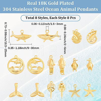 16Pcs 8 Styles Ocean Theme 304 Stainless Steel Pendants STAS-BBC0010-83-1