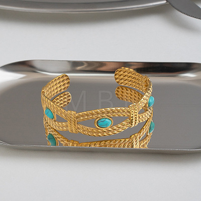 304 Stainless Steel Vintage Synthetic Turquoise Eye Open Cuff Bangles for Women WJ2970-1