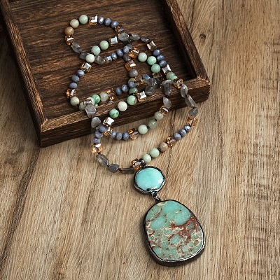 Bohemian Vintage Style Natural Shoushan Stone with Glass Pendant Necklaces FS-WG0BFE5-02-1