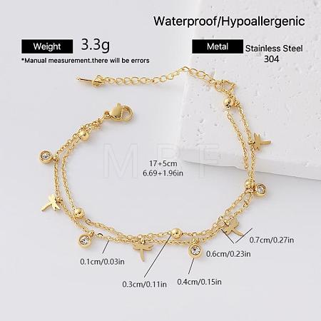 304 Stainless Steel Pave Clear Cubic Zirconia Tassel 2-Strand Bracelets for Women EO7244-2-1