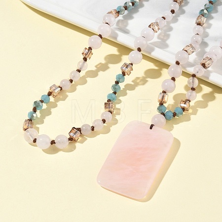 Natural Rose Quartz Rectangle Pendant Glass Beaded Long Necklaces GG-CBAE048-02B-1