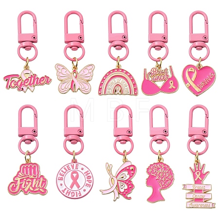 10Pcs 10 Styles Breast Cancer Awareness Ribbon Alloy Enamel Flower Pendant Decorations HJEW-YW00317-1