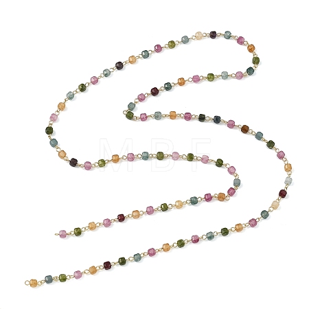 Natural Multicolor Tourmaline Faceted Cube Handmade Beaded Chains AJEW-JB01654-1