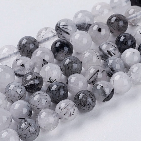 Natural Black Rutilated Quartz Beads Strands X-G-G448-8mm-13-1