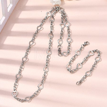 304 Stainless Steel Heart Link Chain Bracelet & Necklace Jewelry Sets SJEW-L199-08P-1
