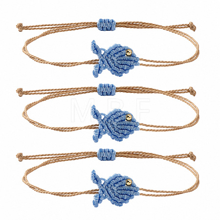 Ocean Adjustable Braided Wax Cord Fish Link Bracelet Sets with Brass Beads for Women XU5174-3-1