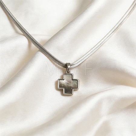 Natural Black Lip Shell Brass Religion Cross Pendant 304 Stainless Steel Flat Snake Chain Necklaces for Unisex WGD3FF7-01-1