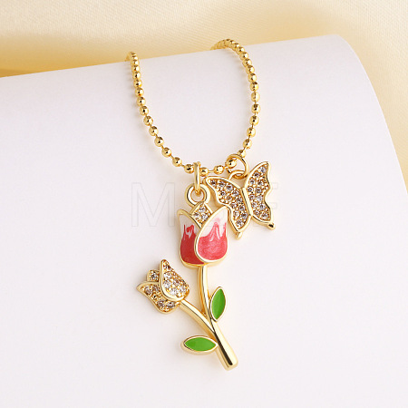 Brass Micro Pave Clear Cubic Zirconia with Enamel Butterfly Rose Flower Pendant Necklaces for Women FS-WG8C866-02-1