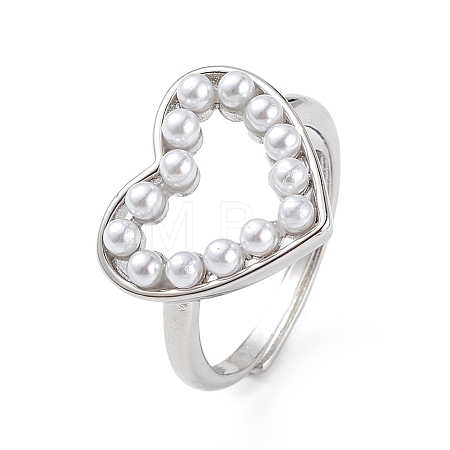 Plastic Pearl Hollow Out Heart Adjustable Ring RJEW-L100-012P-1