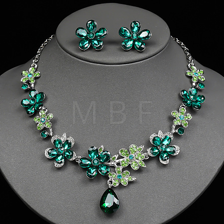 Flower & Teardrop Alloy Glass Stud Earring & Pendant Necklaces Sets for Women FS-WG5A09D-02-1