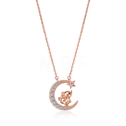 Chinese Zodiac Necklace Mouse Necklace 925 Sterling Silver Rose Gold Rat on the Moon Pendant Charm Necklace Zircon Moon and Star Necklace Cute Animal Jewelry Gifts for Women JN1090A-1