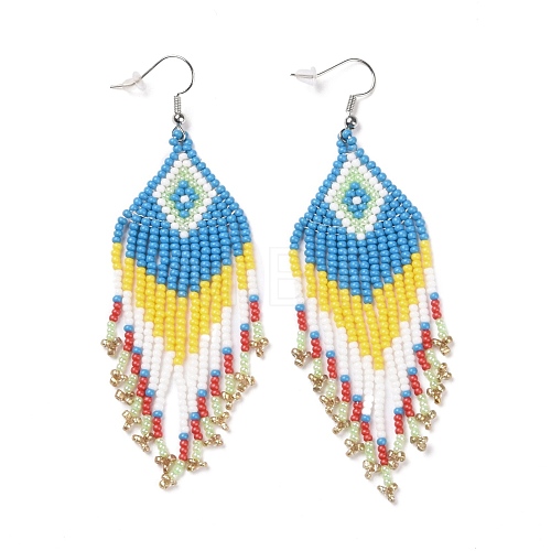 Glass Seed Braided Rhombus with Tassel Chandelier Earrings EJEW-H084-03P-1