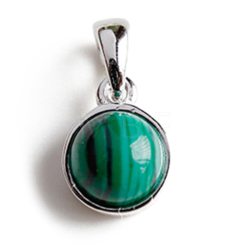 Rhodium Plated 925 Sterling Silver Pave Natural Malachite Half Round Charms G-NH0001-12J-1