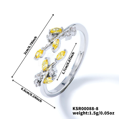 Exquisite Brass Cubic Zirconia Willow Leaf Cuff Rings for Women UN6923-8-1