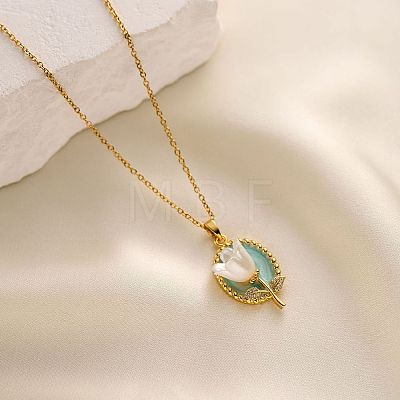 304 Stainless Steel Crystal Rhinestone Emanel Oval with Acrylic Tulip Flower Pendant Cable Chain Necklaces for Women WGD1E82-01-1