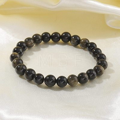 Natural Golden Sheen Obsidian Bead Stretch Bracelets X-BJEW-K212-B-020-1