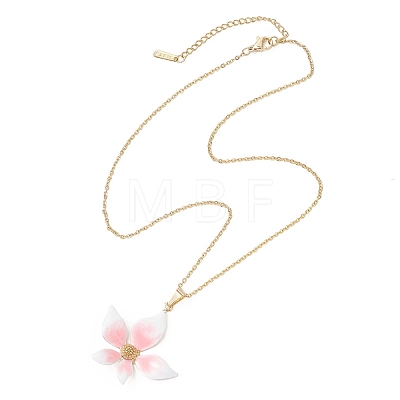 Pink Flower 304 Stainless Steel Enamel Pendant Cable Chain Necklaces for Women NJEW-JN05999-1