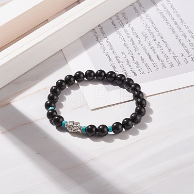 Natural Wood & Synthetic Turquoise(Dyed) Beaded Stretch Bracelet with Alloy 3D Buddha BJEW-JB08209-1