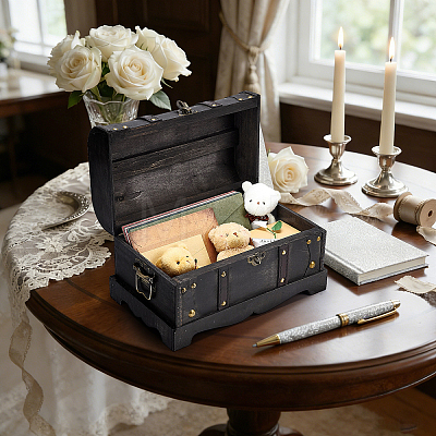 1Pcs Vintage Wooden Jewelry Treasure Chest Packaging Boxes for Trinkets CON-TW0001-06-1
