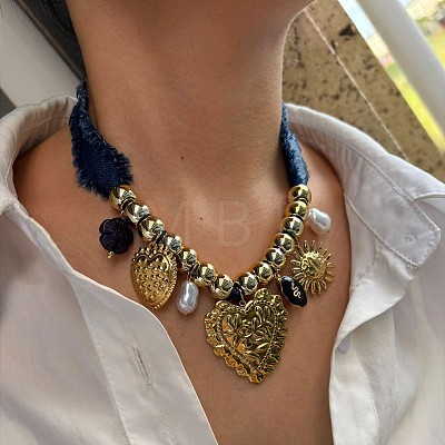 316L Surgical Stainless Steel & Resin & Plastic Pearl Heart Pendant Denim Cloth Bib Necklaces for Women WGD44EE-01-1