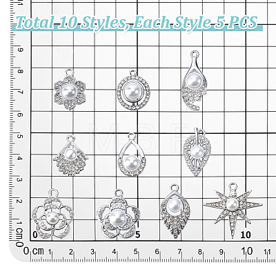 50Pcs 10 Styles Alloy Crystal Rhinestone Pendants ALRI-PH0001-35-1