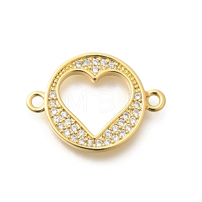 Rack Plating Brass Clear Cubic Zirconia Flat Round with Hollow Heart Connector Charms KK-L225-036G-1