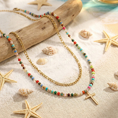 Stainless Steel Religion Cross Pendant Colorful Natural Mixed Gemstone Heishi Beaded Double Layer Necklaces for Women OM0198-1-1