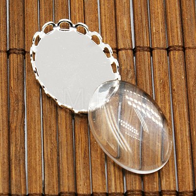 Brass Cabochon Settings and Oval Transparent Clear Glass Cabochons for DIY Jewelry Making KK-MSMC015-14S-RS-1