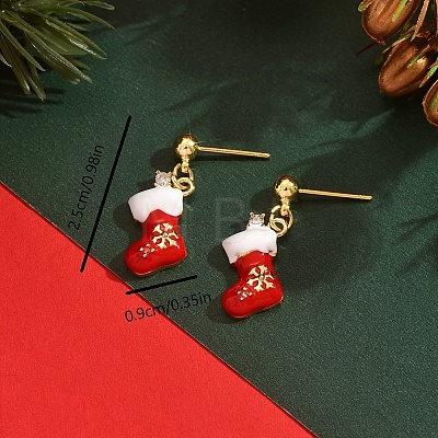 Christmas Socking Brass Enamel Dangle Stud Earrings QV0416-1