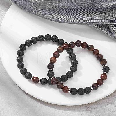 2Pcs 2 Style Natural Wood & Lava Rock Round Beaded Stretch Bracelets Set for Women BJEW-JB09381-02-1