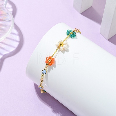 Natural Cultured Freshwater Pearl & Brass & Glass Link Bracelets for Women BJEW-JB14110-1