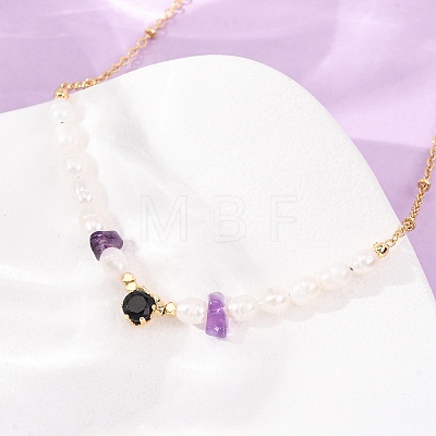 Natural Amethyst Chip and Rice Natural Pearl Beaded Necklaces GG-CBA3297-15G-G-1