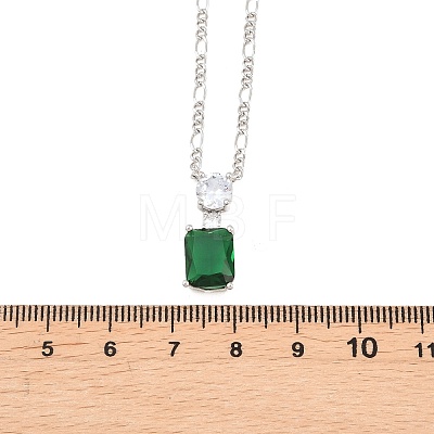 Brass Pave Clear Cubic Zirconia & Green Glass Perfume Bottle Pendant Figaro Chain Necklaces for Women NJEW-F364-02P-1